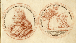 135533 Links: afbeelding van een penning met het portret van koning George I van Engeland.Rechts: afbeelding van de ...